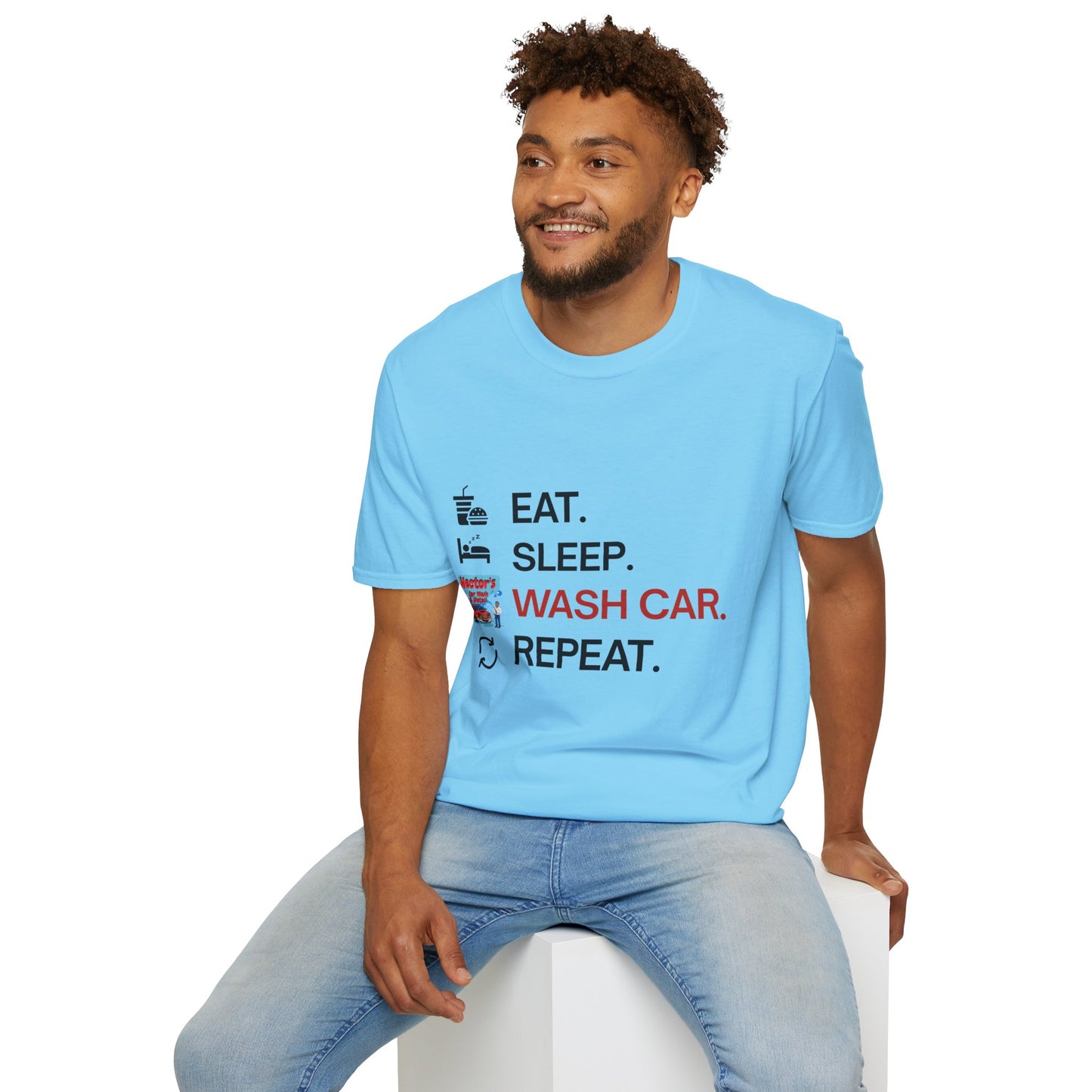 Hector's 'Eat Sleep Wash Car Repeat' (Black Lettering) Unisex Soft Style T-Shirt