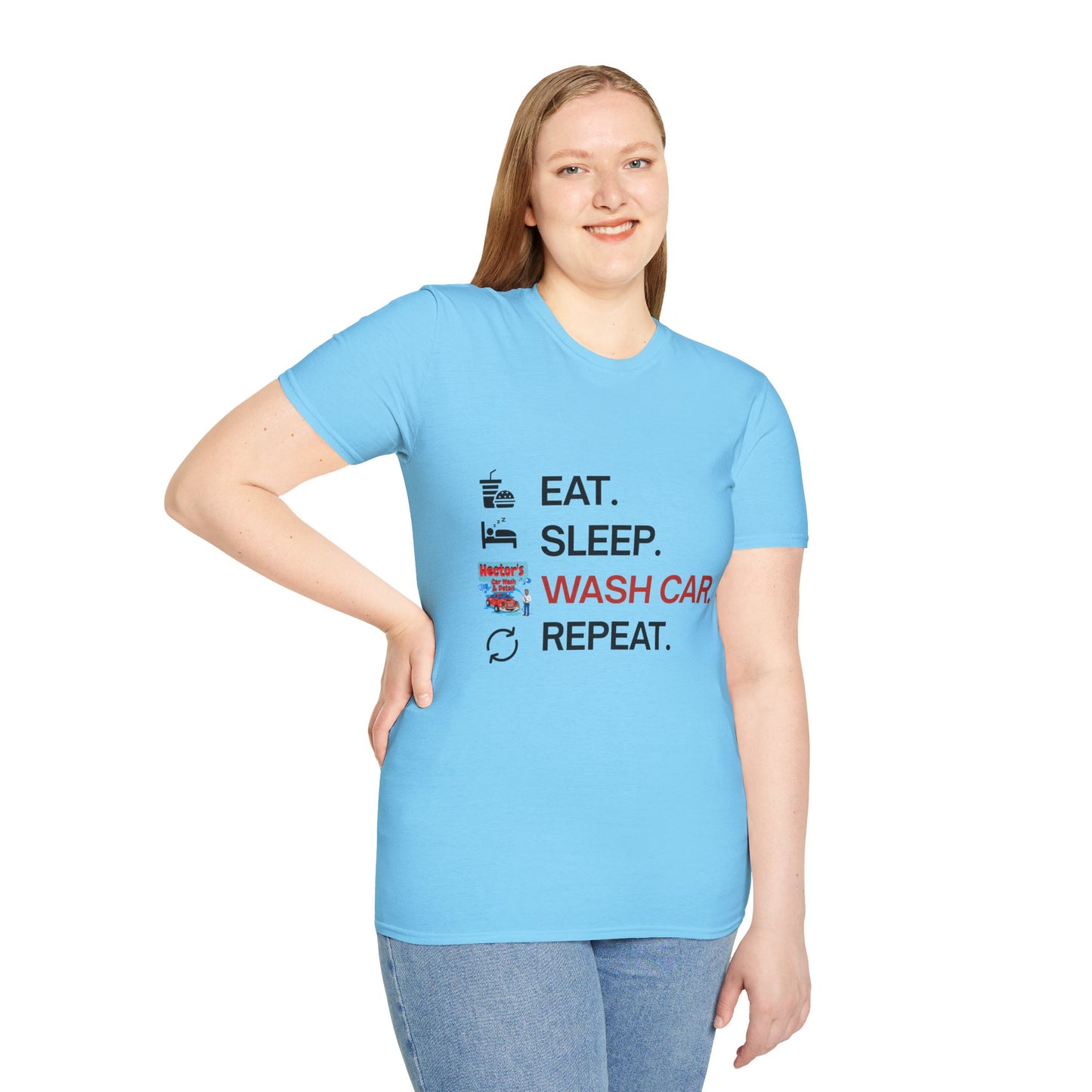 Hector's 'Eat Sleep Wash Car Repeat' (Black Lettering) Unisex Soft Style T-Shirt