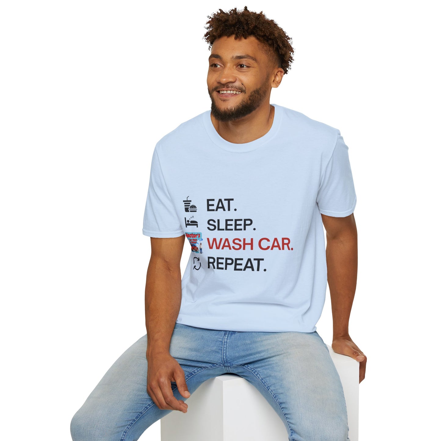 Hector's 'Eat Sleep Wash Car Repeat' (Black Lettering) Unisex Soft Style T-Shirt