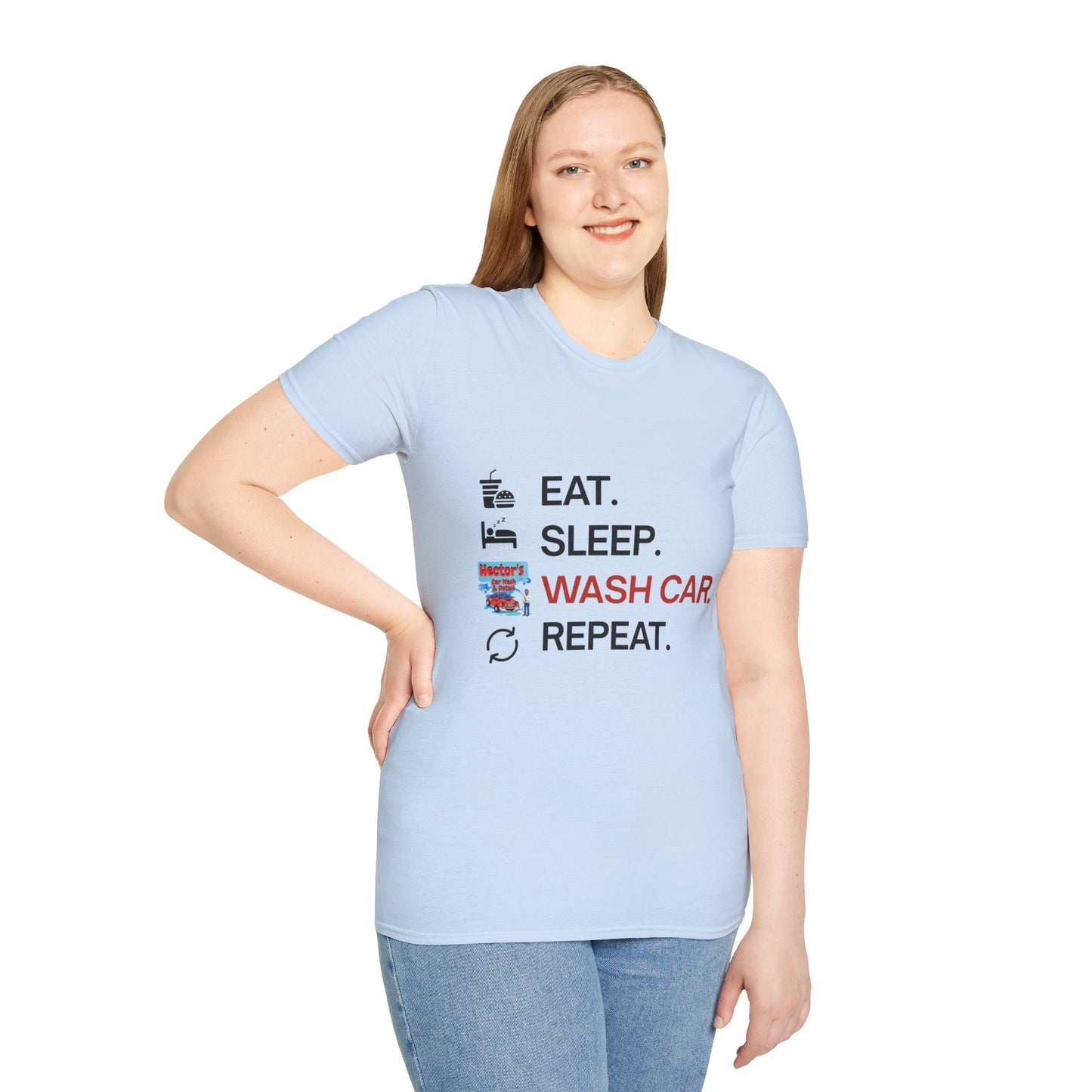 Hector's 'Eat Sleep Wash Car Repeat' (Black Lettering) Unisex Soft Style T-Shirt