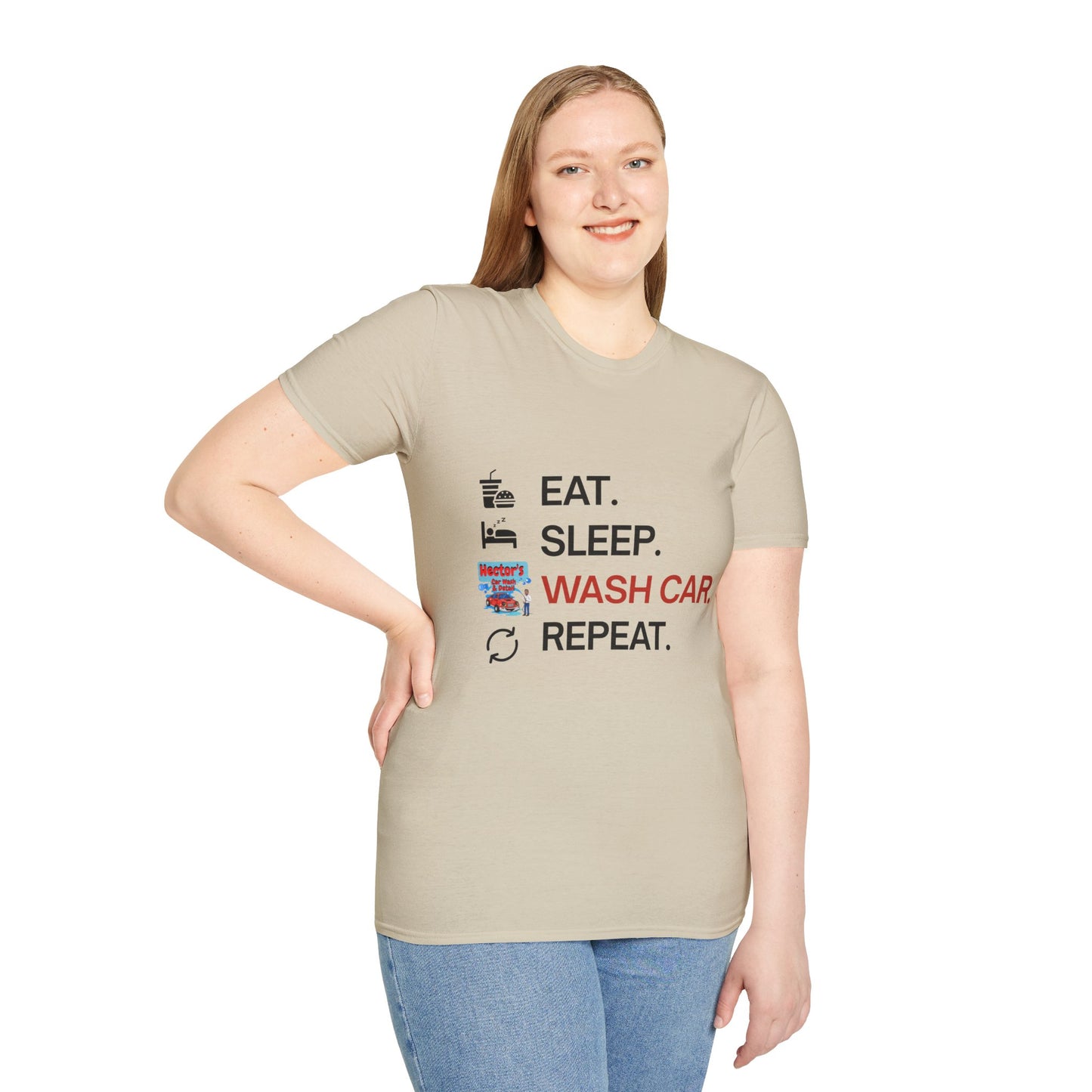 Hector's 'Eat Sleep Wash Car Repeat' (Black Lettering) Unisex Soft Style T-Shirt