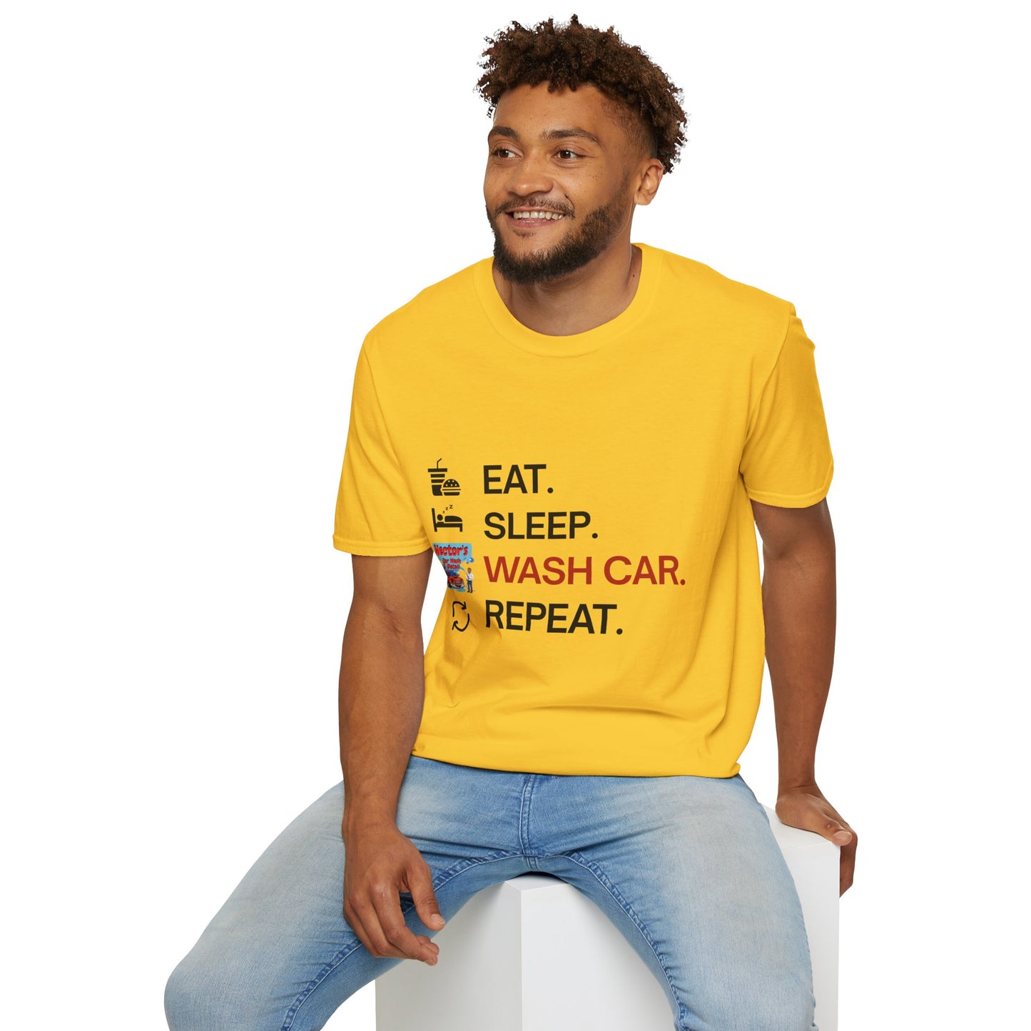Hector's 'Eat Sleep Wash Car Repeat' (Black Lettering) Unisex Soft Style T-Shirt