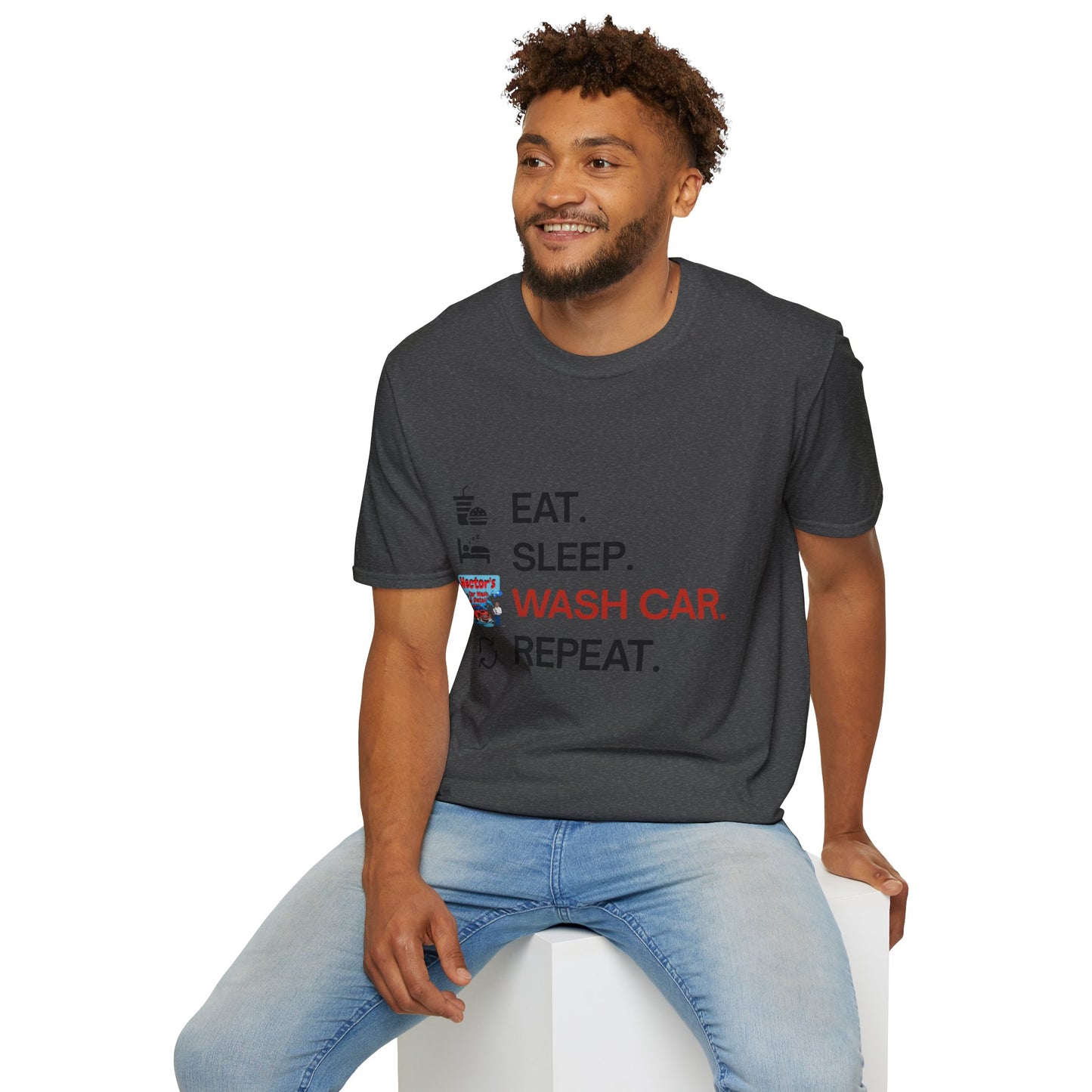Hector's 'Eat Sleep Wash Car Repeat' (Black Lettering) Unisex Soft Style T-Shirt