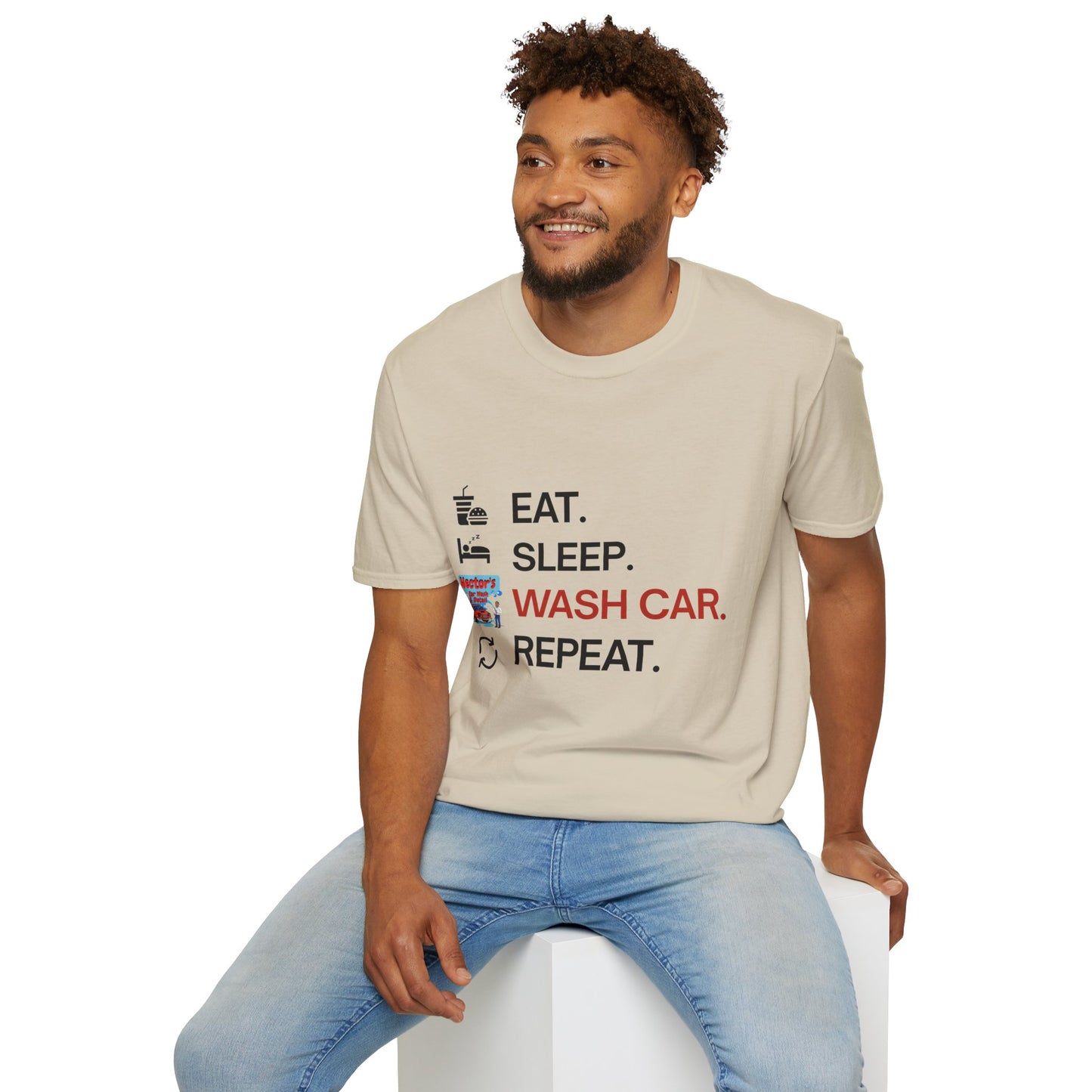 Hector's 'Eat Sleep Wash Car Repeat' (Black Lettering) Unisex Soft Style T-Shirt