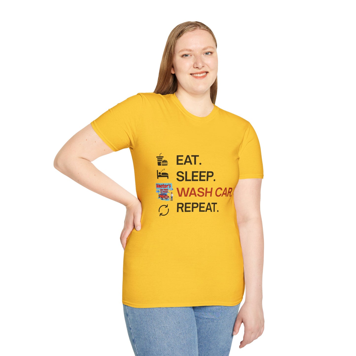 Hector's 'Eat Sleep Wash Car Repeat' (Black Lettering) Unisex Soft Style T-Shirt