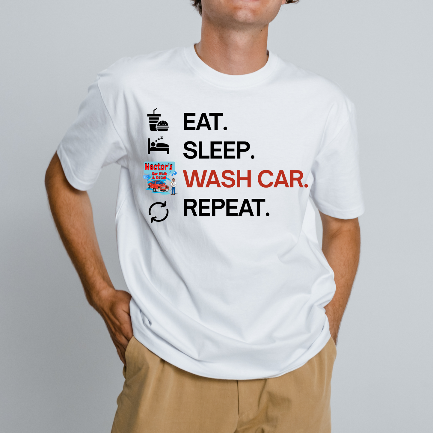 Hector's 'Eat Sleep Wash Car Repeat' (Black Lettering) Unisex Soft Style T-Shirt